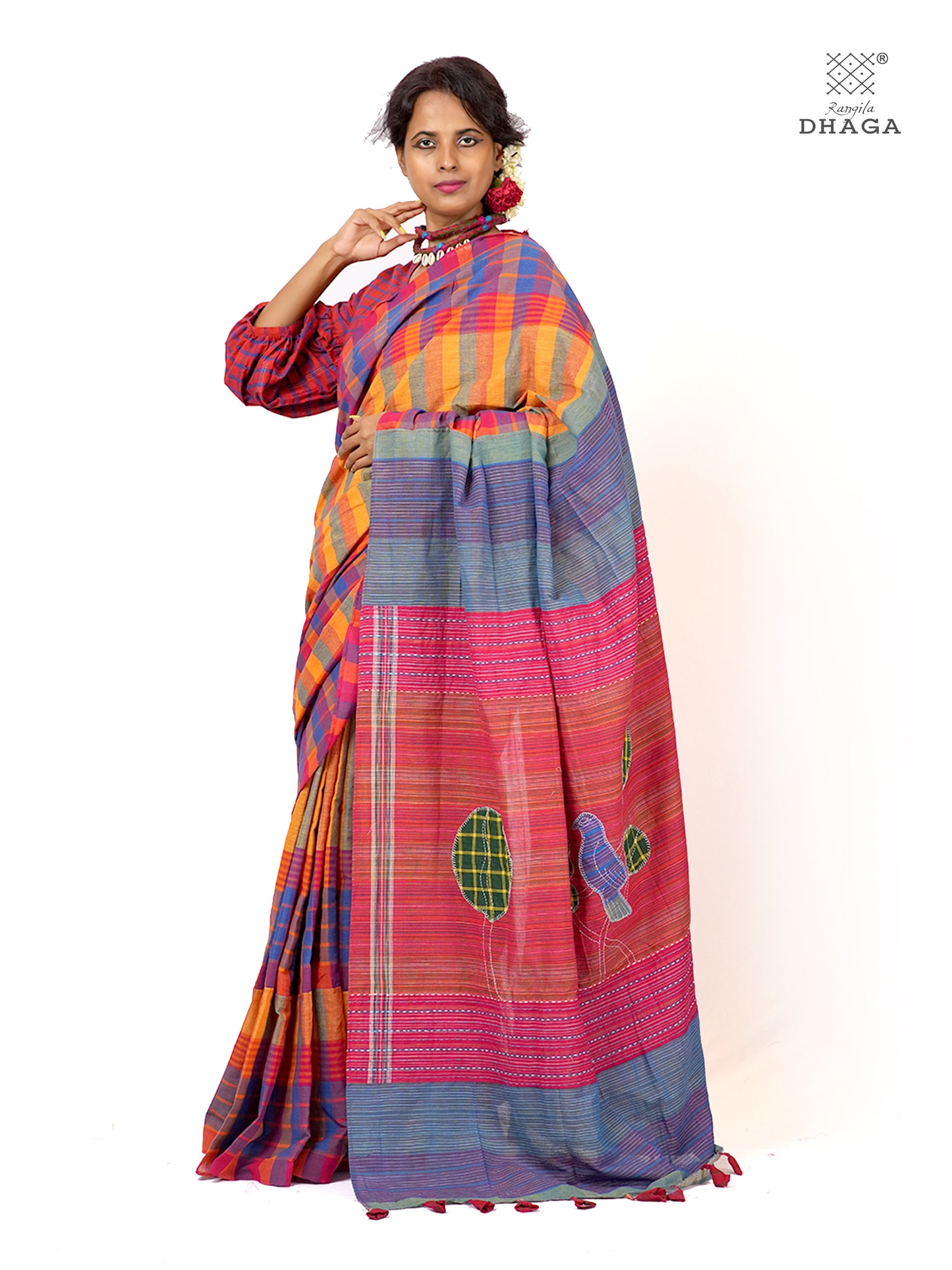 Hand Embroidered Kantha & Appliqué Bird Handloom Gamcha Patchwork Saree | Signature Design by Kalpana Das | Rangila Dhaga| Includes Blouse Piece GS130