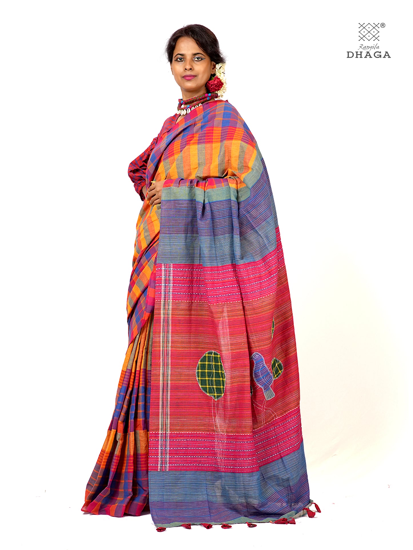 Hand Embroidered Kantha & Appliqué Bird Handloom Gamcha Patchwork Saree | Signature Design by Kalpana Das | Rangila Dhaga| Includes Blouse Piece GS130