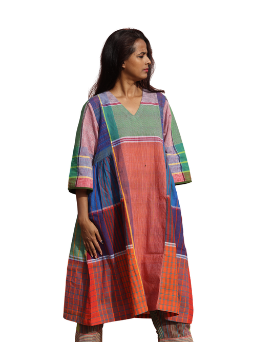 Handloom Cotton Gamcha Atrangi Multicolor Dress with Both Side Pockets