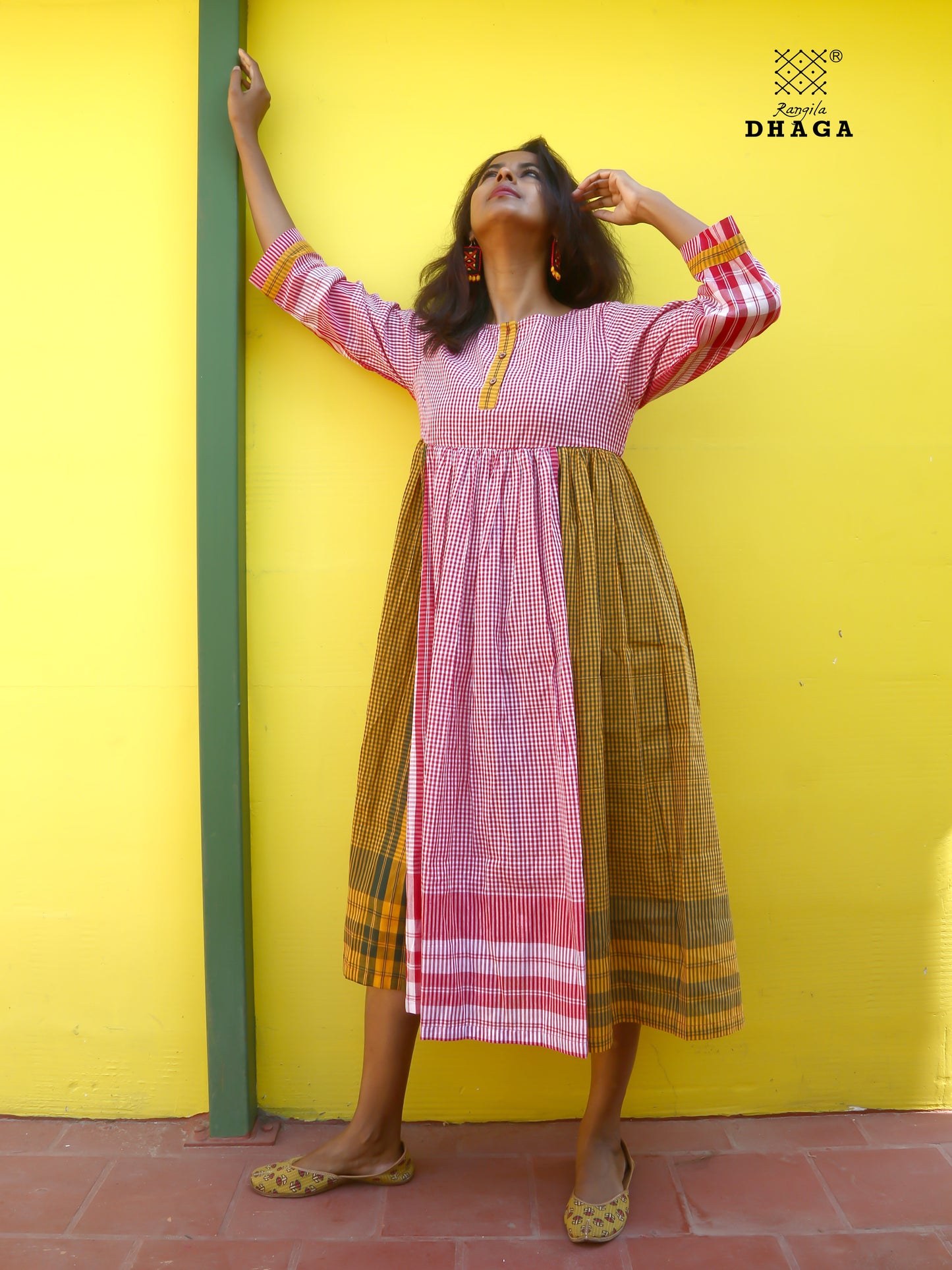 Dress Gamcha Fashion Handloom Cotton Fabric Red & Yellow Check D30