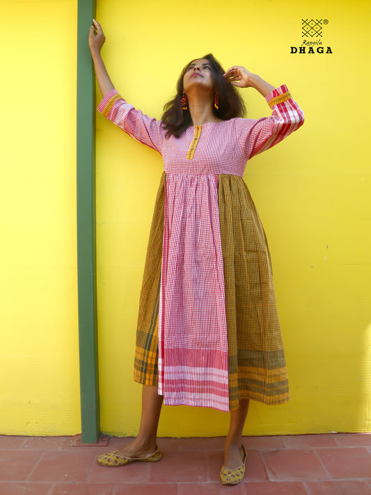 Dress Gamcha Fashion Handloom Cotton Fabric Red & Yellow Check D30