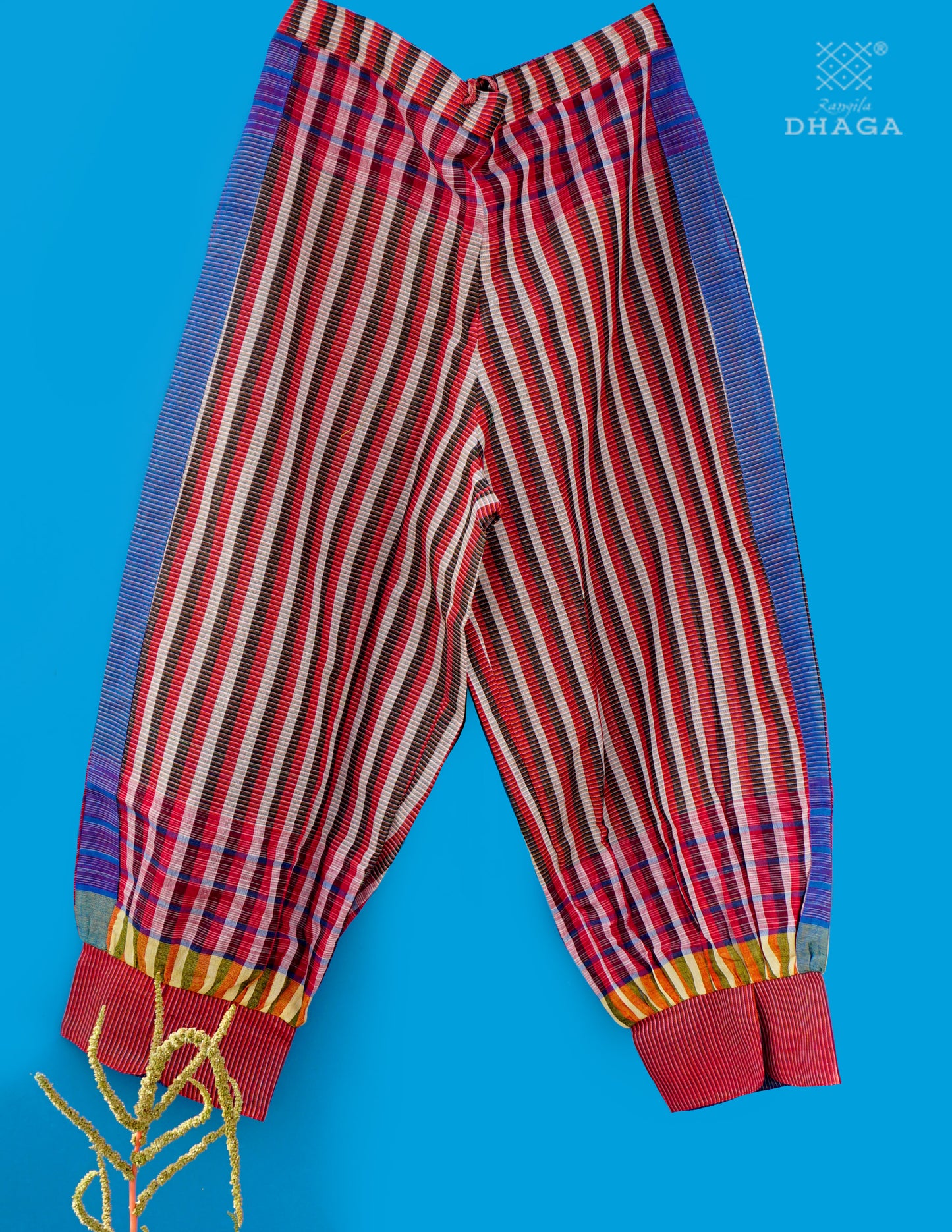 Handloom Cotton Gamcha Co-ord Set for Women – Red & Blue Striped Kurti with Lining and Relaxed Fit Pocket Pants - CODE05