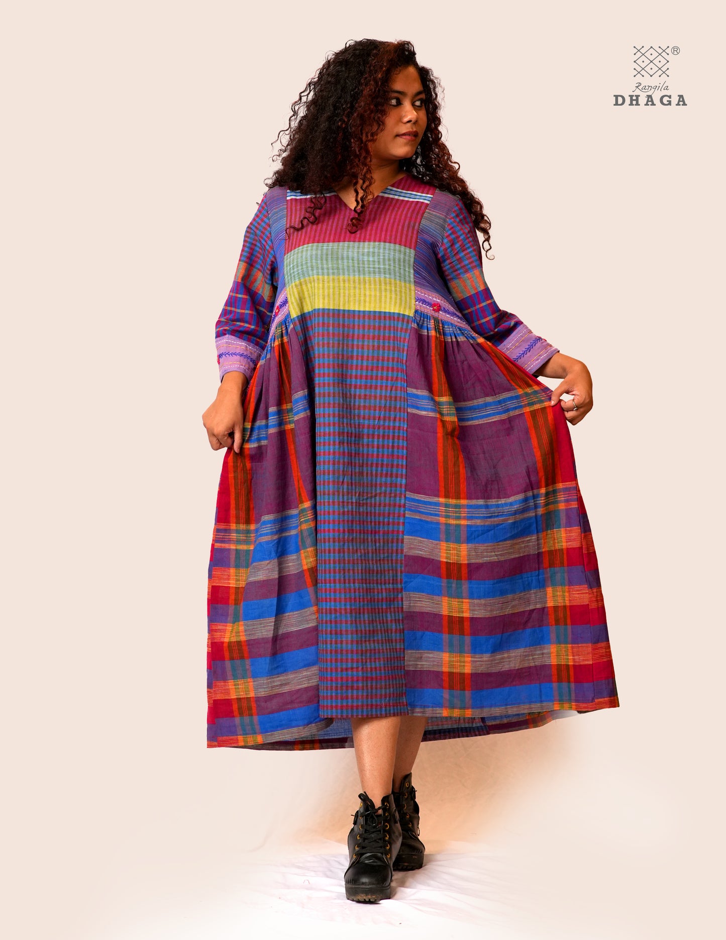 Hand Embroidered Multicolor Handloom Gamcha Dress | Artisan Cotton Dress | Rangila Dhaga | Rangila Dhaga KD002