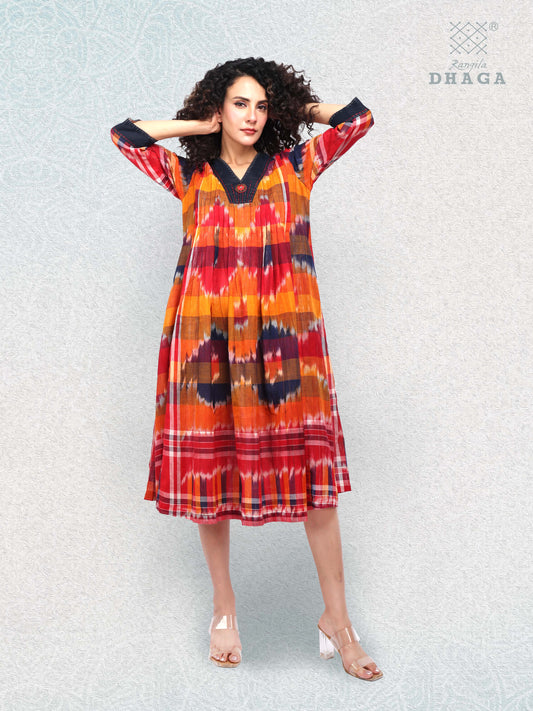 Hand-Embroidered Multicolor Gamcha Cotton Dress – Kotki (ikkat)  2 Pockets Red D45