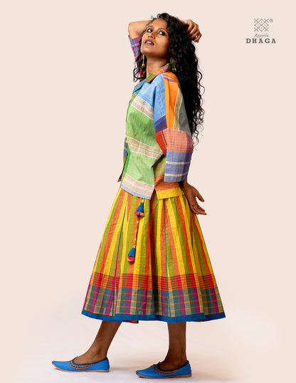 Handloom Gamcha Pleated  Skirt  | Multicolor | Rangila Dhaga   - GS002