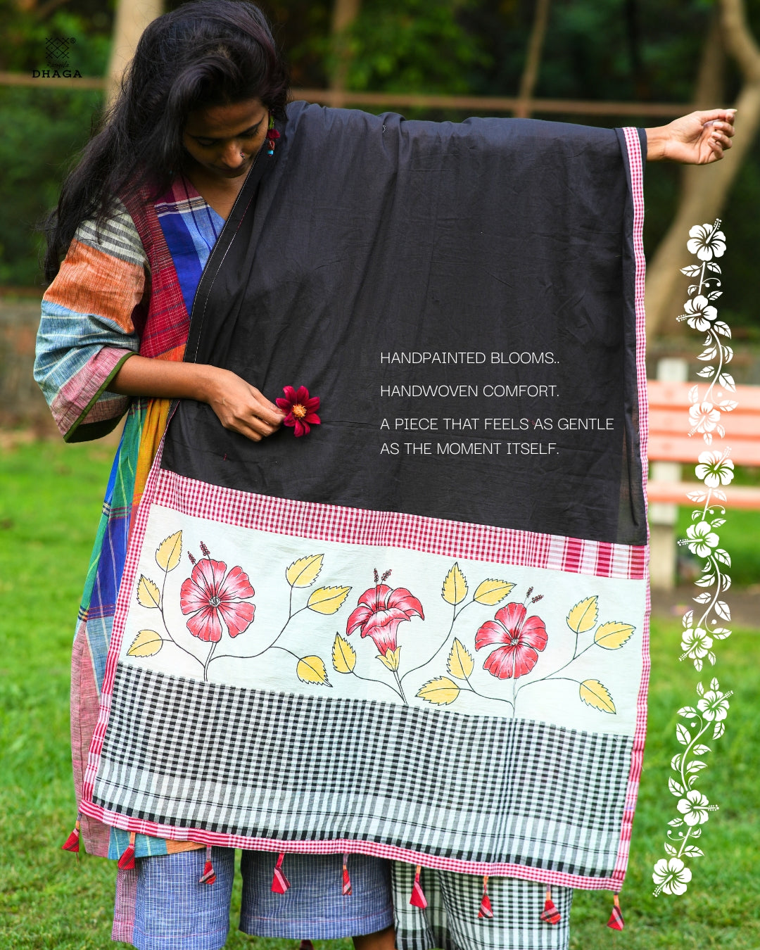 Handpainted Gamcha Patchwork Dupatta – Hibiscus Bloom with Contrast Borders & Tassels (2.5m)- GD013
