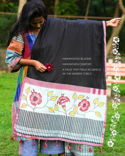Handpainted Gamcha Patchwork Dupatta – Hibiscus Bloom with Contrast Borders & Tassels (2.5m)- GD013