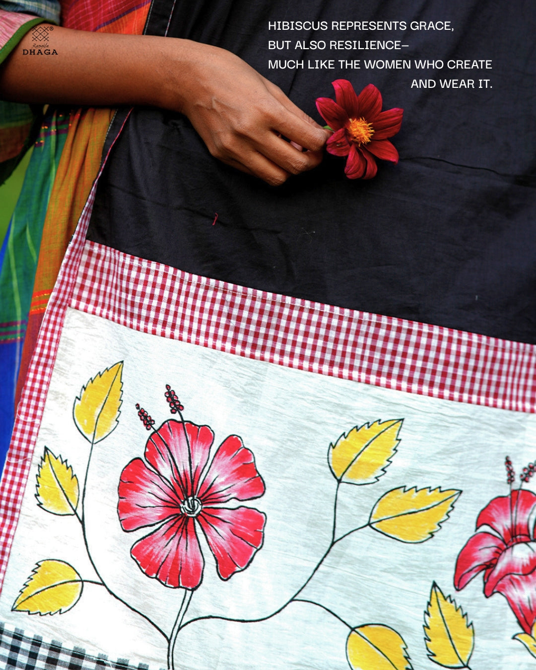 Handpainted Gamcha Patchwork Dupatta – Hibiscus Bloom with Contrast Borders & Tassels (2.5m)- GD013