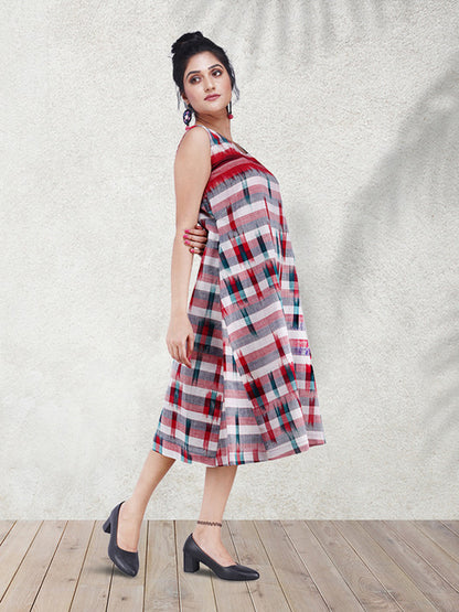 Dress Ikkat Gamcha Fashion Handloom Cotton Fabric White and Red D01