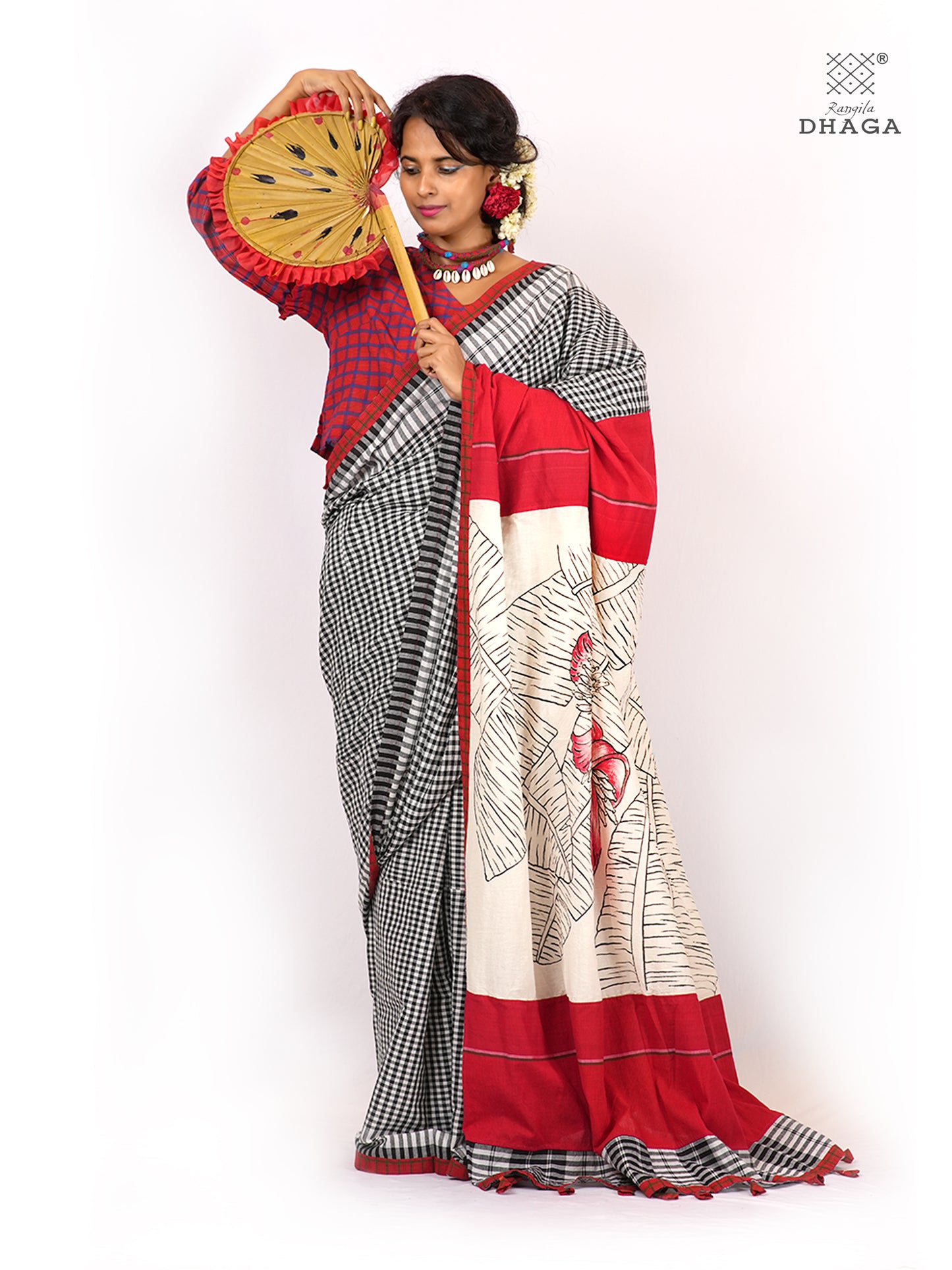 Handpainted Banana Flower & Leaf Pallu Handloom Gamcha Patchwork Saree | Signature Design by Kalpana Das | Includes Blouse Piece GS129