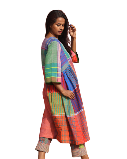 Handloom Cotton Gamcha Atrangi Multicolor Dress with Both Side Pockets- D06