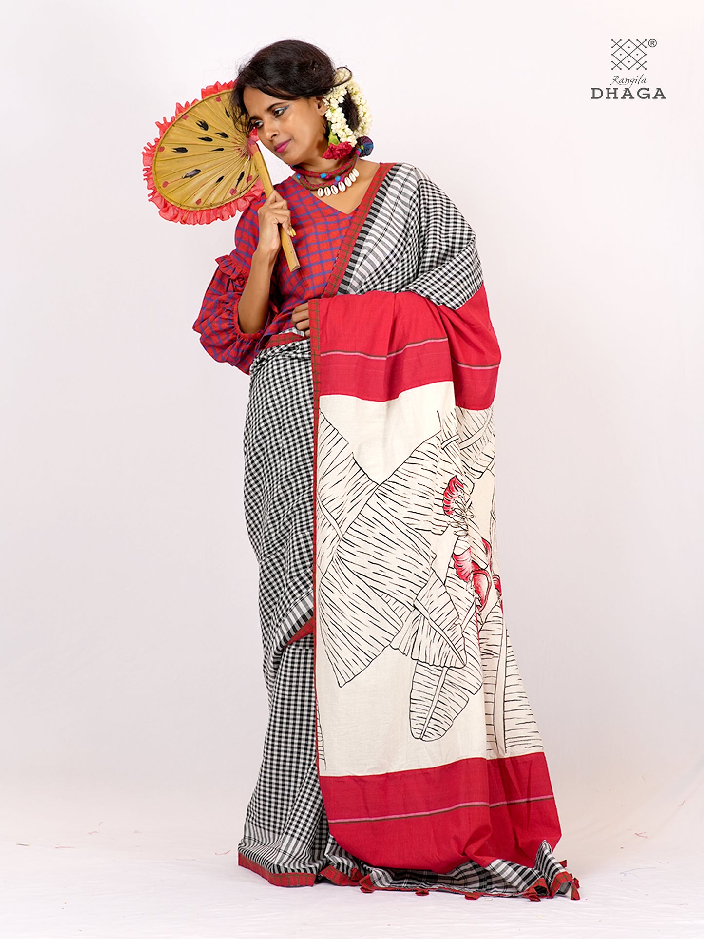 Handpainted Banana Flower & Leaf Pallu Handloom Gamcha Patchwork Saree | Signature Design by Kalpana Das | Includes Blouse Piece GS129