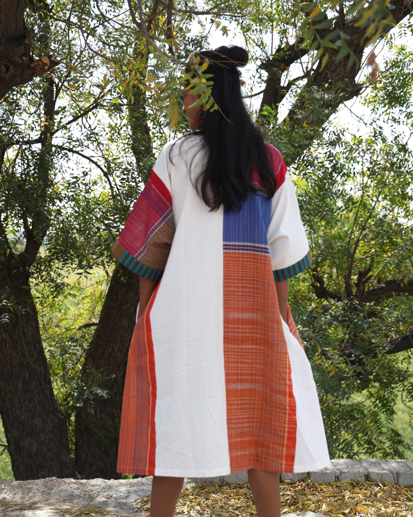 Handloom white cotton & multicolor gamcha patchwork free size dress with pockets- KD01