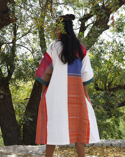 Handloom white cotton & multicolor gamcha patchwork free size dress with pockets- KD01