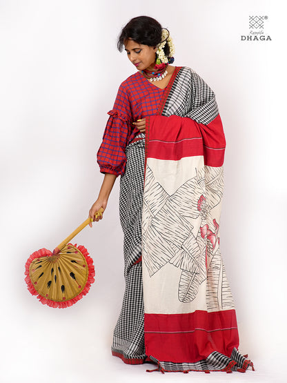 Handpainted Banana Flower & Leaf Pallu Handloom Gamcha Patchwork Saree | Signature Design by Kalpana Das | Includes Blouse Piece GS129