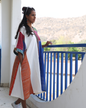 Handloom white cotton & multicolor gamcha patchwork free size dress with pockets- KD01