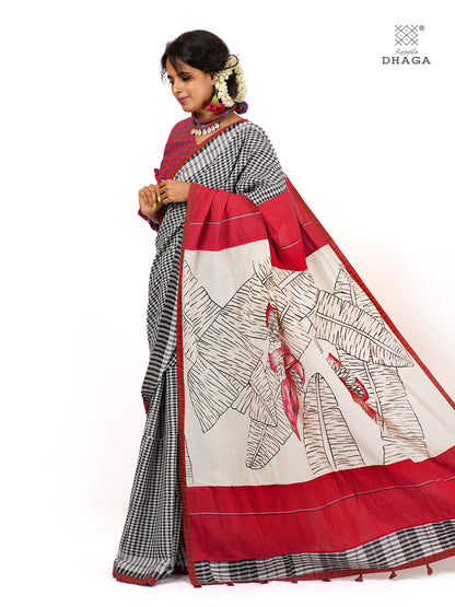 Handpainted Banana Flower & Leaf Pallu Handloom Gamcha Patchwork Saree | Signature Design by Kalpana Das | Includes Blouse Piece GS129