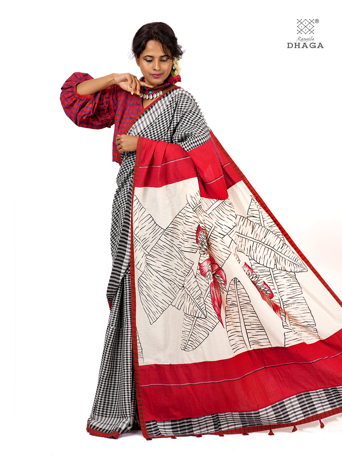 Handpainted Banana Flower & Leaf Pallu Handloom Gamcha Patchwork Saree | Signature Design by Kalpana Das | Includes Blouse Piece GS129