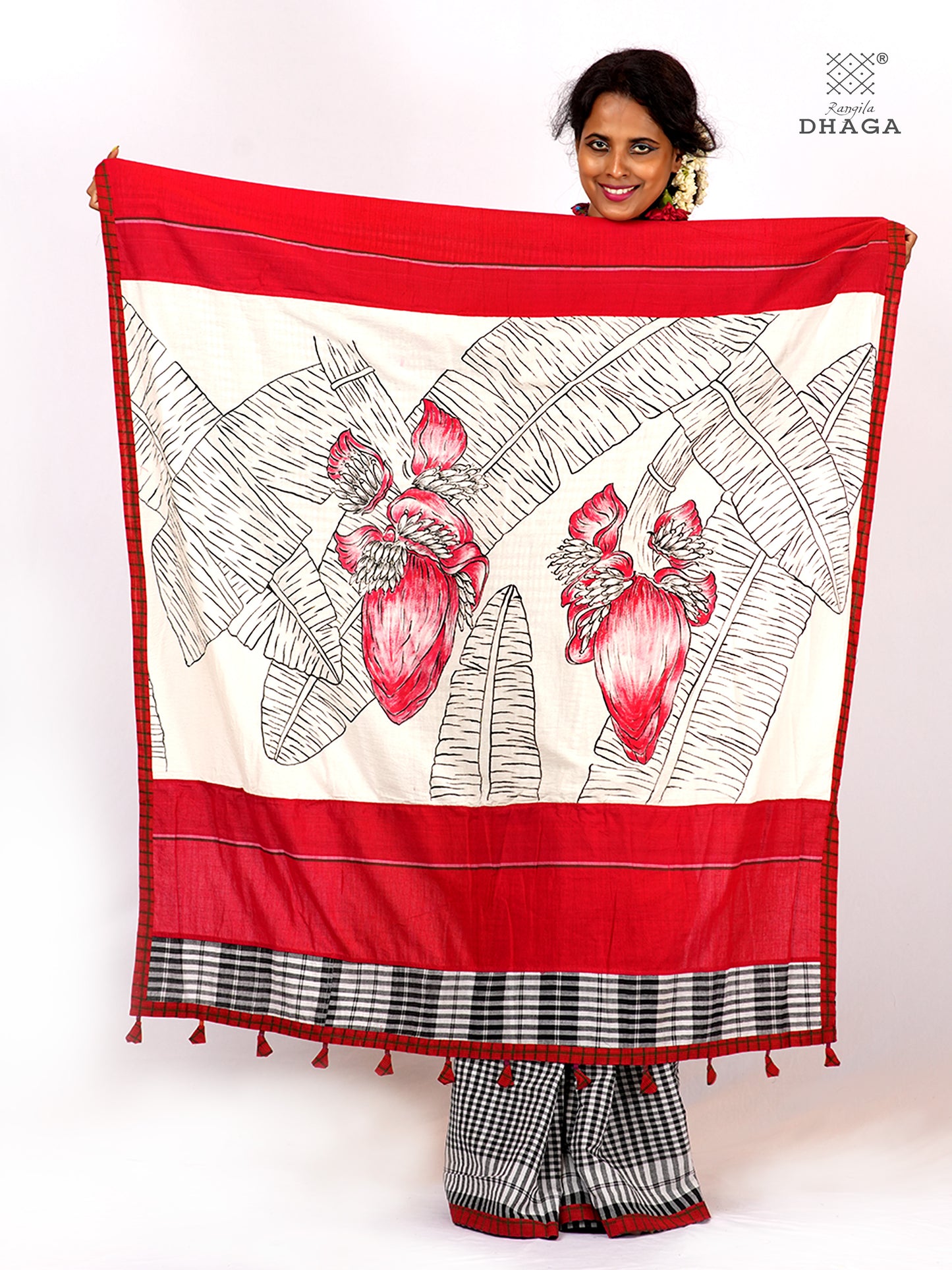 Handpainted Banana Flower & Leaf Pallu Handloom Gamcha Patchwork Saree | Signature Design by Kalpana Das | Includes Blouse Piece GS129