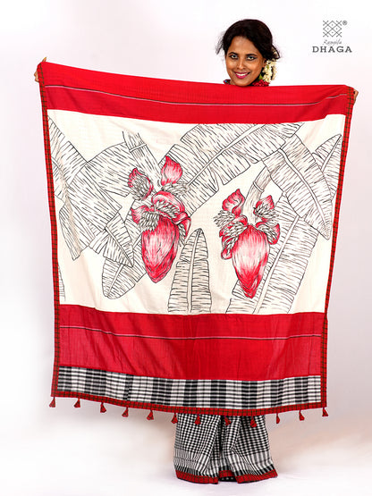 Handpainted Banana Flower & Leaf Pallu Handloom Gamcha Patchwork Saree | Signature Design by Kalpana Das | Includes Blouse Piece GS129