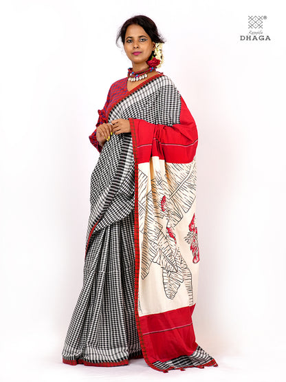 Handpainted Banana Flower & Leaf Pallu Handloom Gamcha Patchwork Saree | Signature Design by Kalpana Das | Includes Blouse Piece GS129