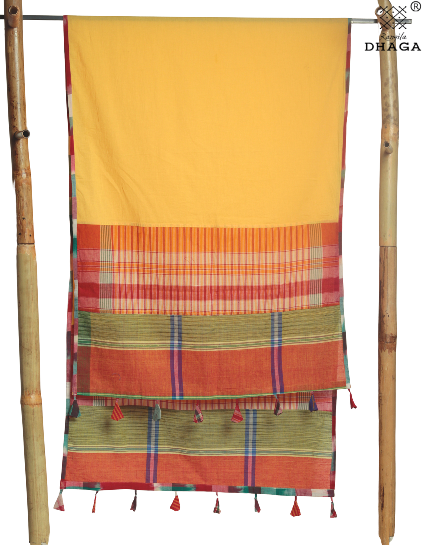 Rangila Dhaga Sunlit Mustard Gamcha Dupatta  with Multicolor Borders & Tassels – Handwoven Cotton (2.5m) GD006