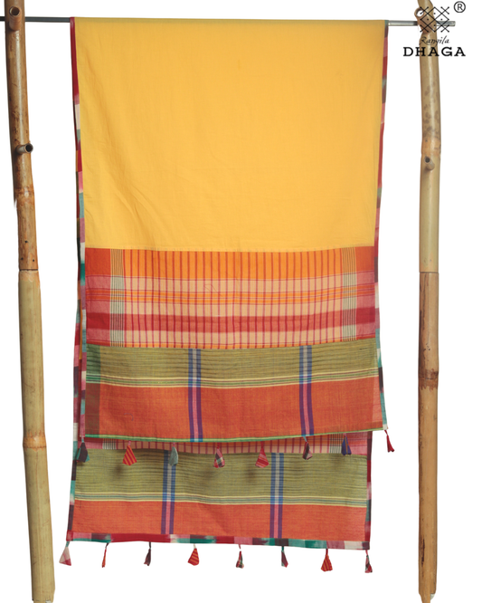Rangila Dhaga Sunlit Mustard Gamcha Dupatta  with Multicolor Borders & Tassels – Handwoven Cotton (2.5m) GD006