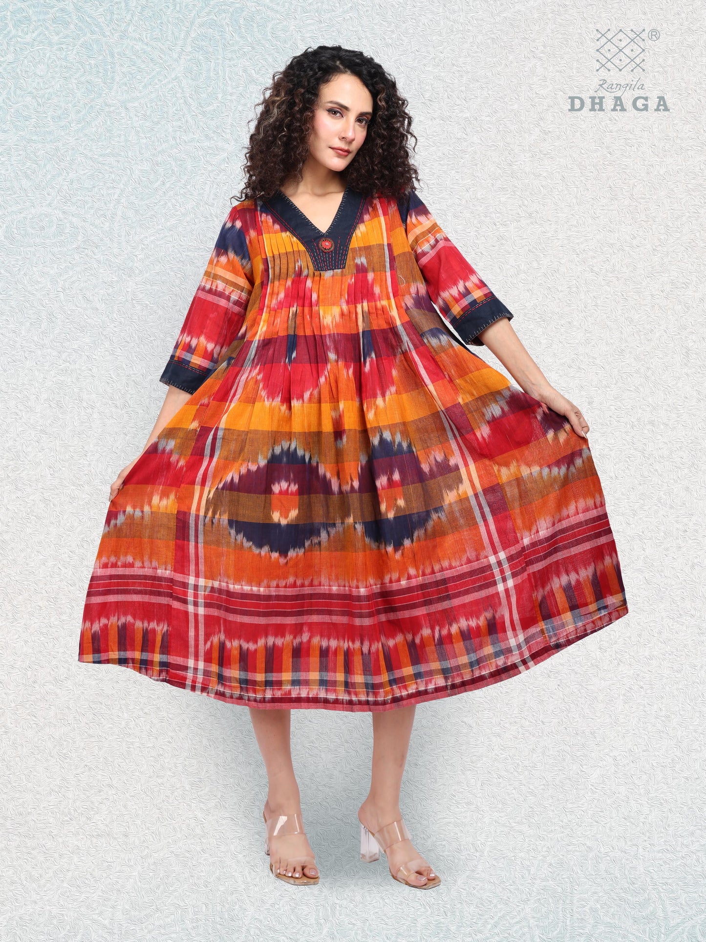 Hand-Embroidered Multicolor Gamcha Cotton Dress – Kotki (ikkat)  2 Pockets Red D45