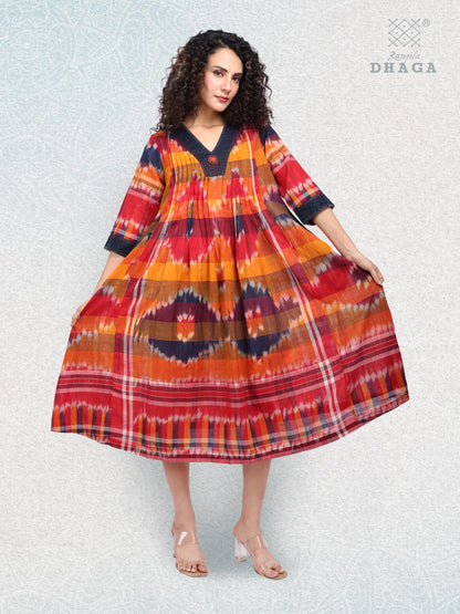Hand-Embroidered Multicolor Gamcha Cotton Dress – Kotki (ikkat)  2 Pockets Red D45