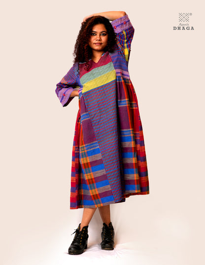 Hand Embroidered Multicolor Handloom Gamcha Dress | Artisan Cotton Dress | Rangila Dhaga | Rangila Dhaga KD002