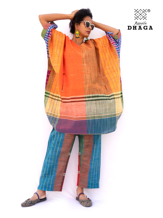 Kaftan Dress Long  Free Size  Gamcha Fashion Handloom Cotton (Orange and Yellow )  SHR102