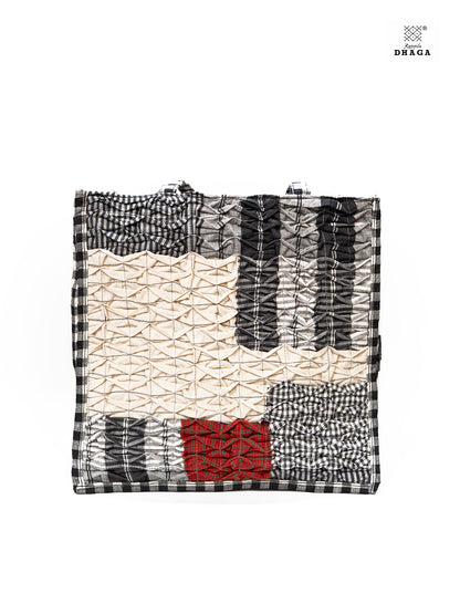 Gamcha Drapari Wrinkle Tote Bag – Handcrafted Cotton with 3 Zip Pockets Red Black white BAG17