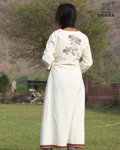 Handpainted Birds Handloom White Gamcha Kurti Set with Contrast Pants- KURTIPANTSET001