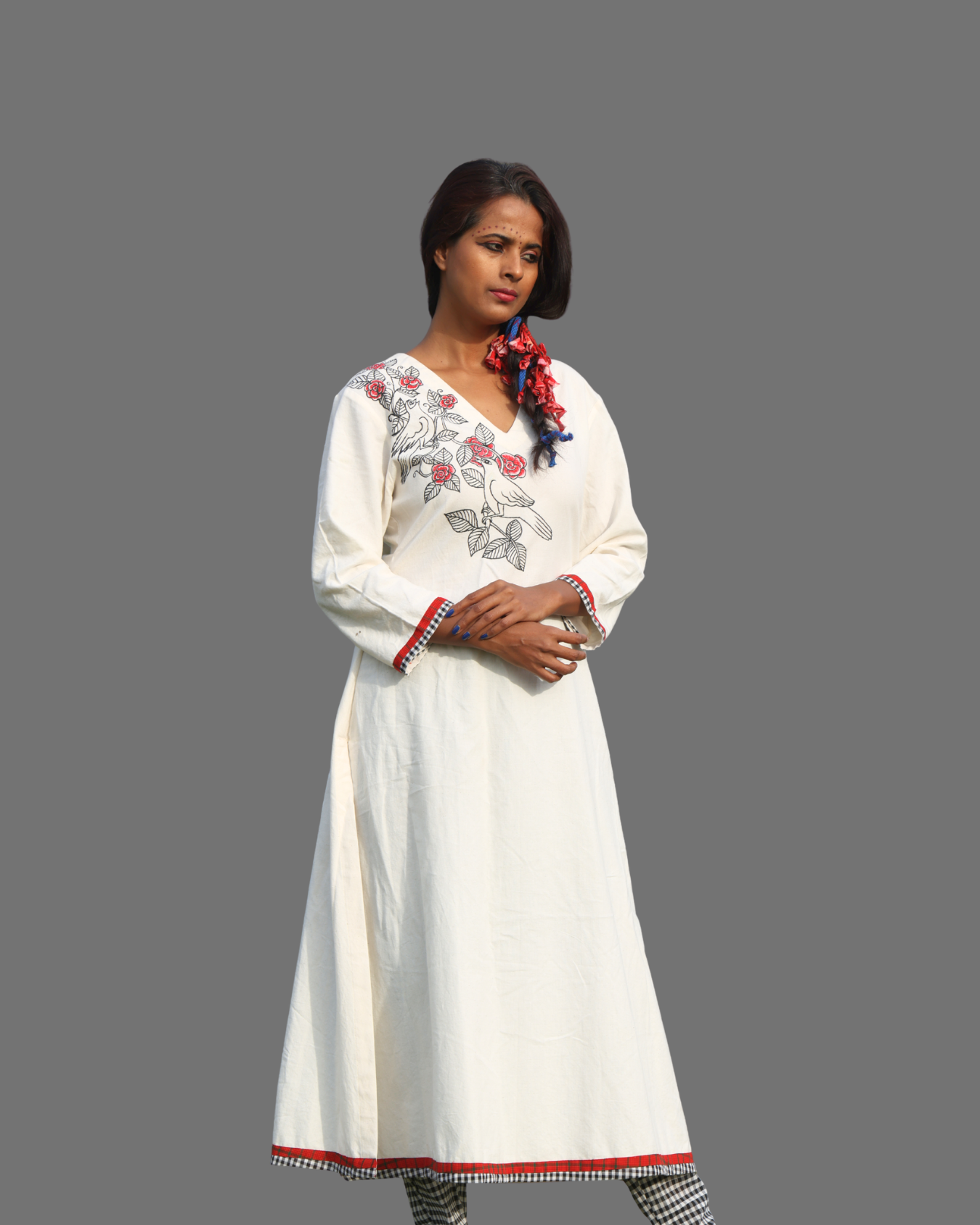 Handpainted Birds Handloom White Gamcha Kurti Set with Contrast Pants- KURTIPANTSET001
