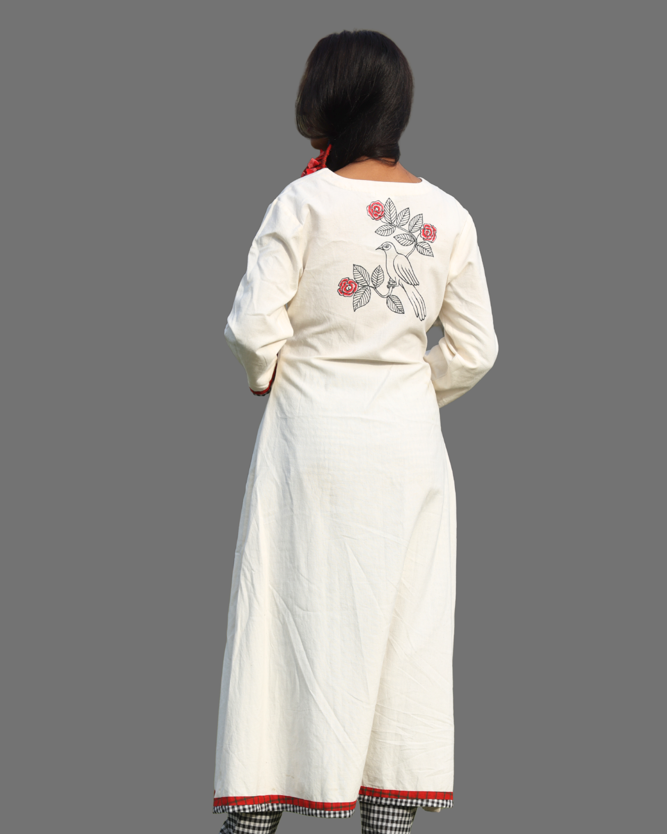 Handpainted Birds Handloom White Gamcha Kurti Set with Contrast Pants- KURTIPANTSET001