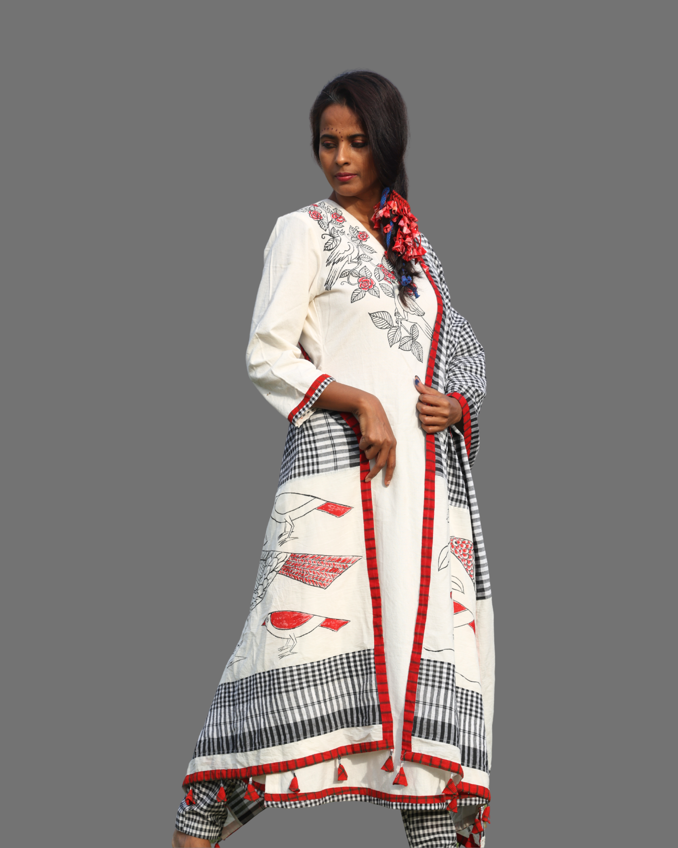 Handpainted Birds Handloom White Gamcha Kurti Set with Contrast Pants- KURTIPANTSET001