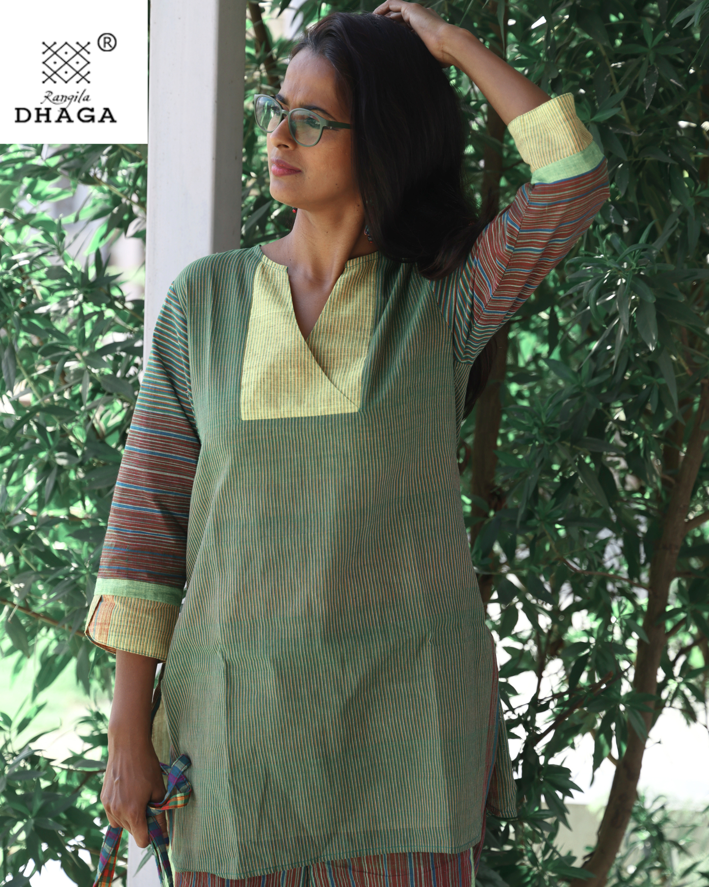 Green Handloom Gamcha Cotton Kurti | V-Notch Neck Kurti for Women CODE01