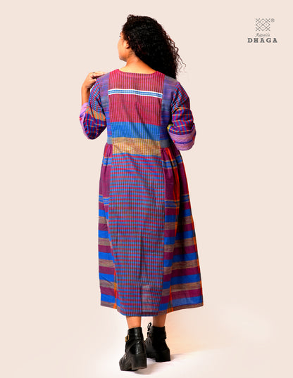 Hand Embroidered Multicolor Handloom Gamcha Dress | Artisan Cotton Dress | Rangila Dhaga | Rangila Dhaga KD002