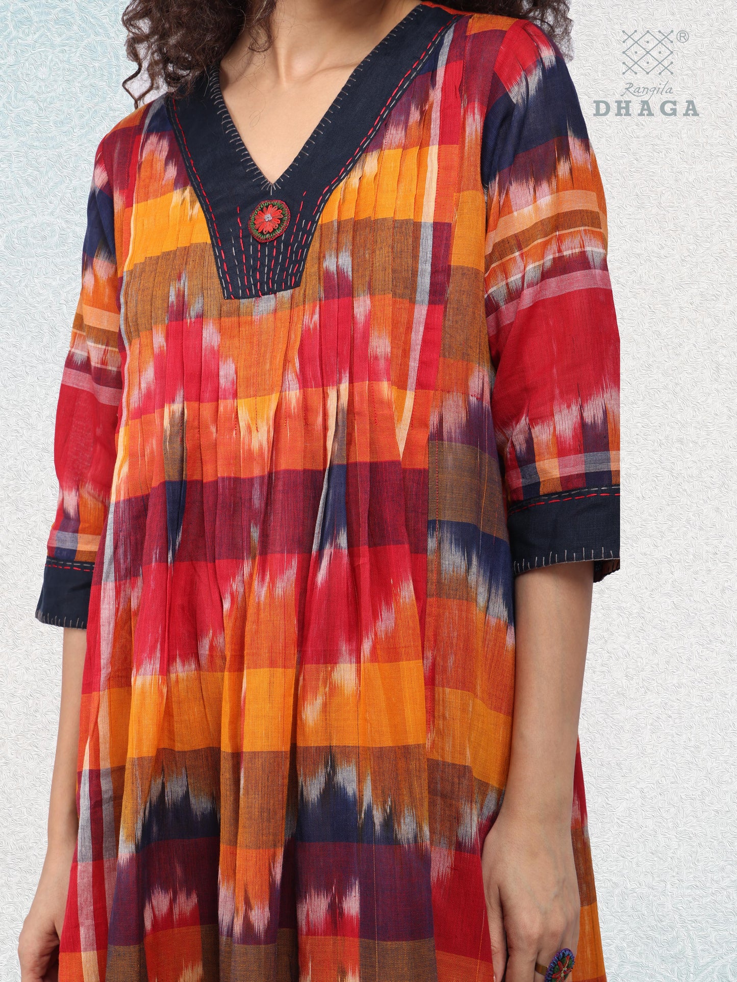 Hand-Embroidered Multicolor Gamcha Cotton Dress – Kotki (ikkat)  2 Pockets Red D45