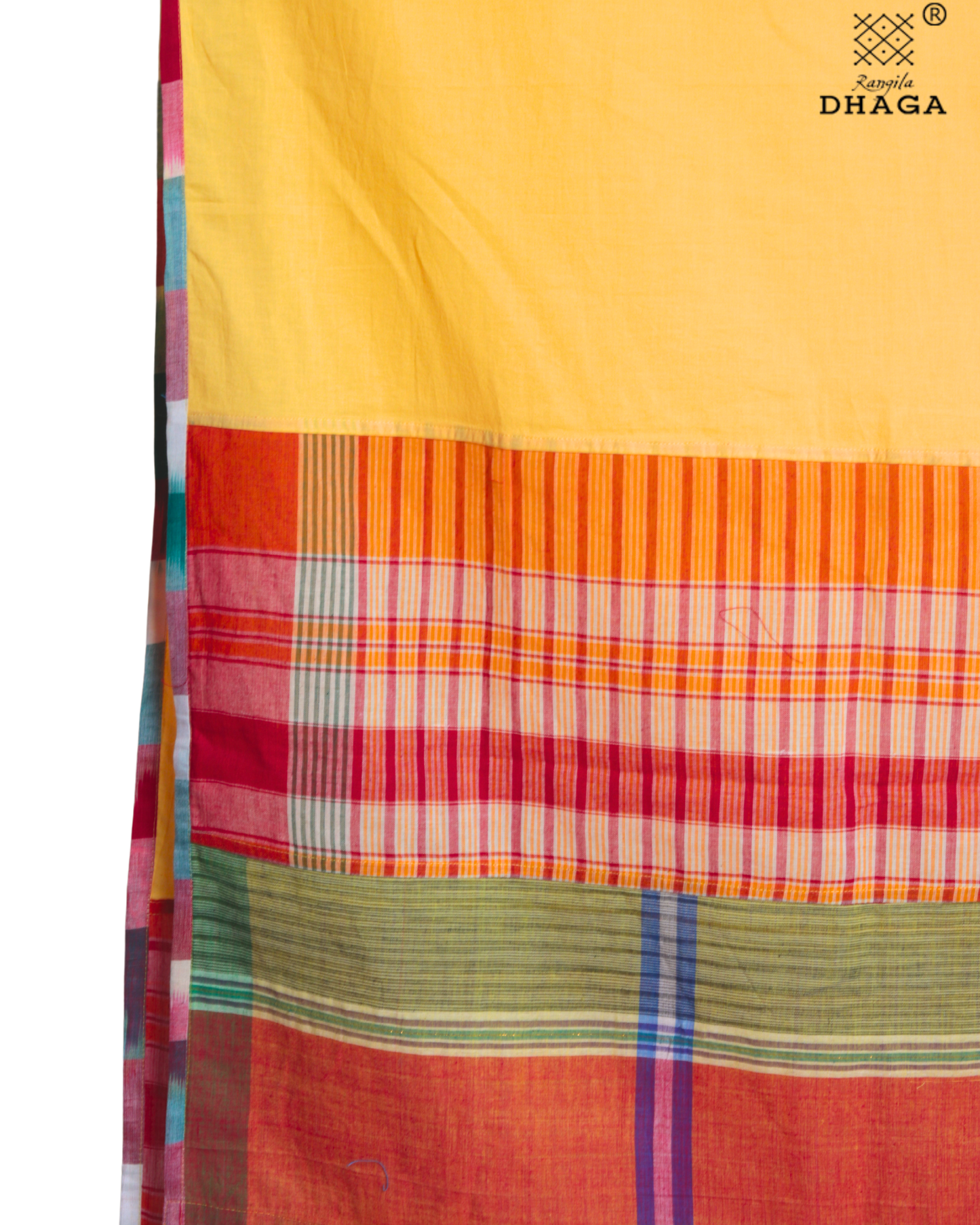 Rangila Dhaga Sunlit Mustard Gamcha Dupatta  with Multicolor Borders & Tassels – Handwoven Cotton (2.5m) GD006