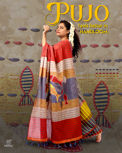 Hand-Embroidered Fish-Fishy Handloom Gamcha Patchwork Kantha Stitch Saree |  Includes Blouse Piece GS135