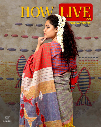 Hand-Embroidered Fish-Fishy Handloom Gamcha Patchwork Kantha Stitch Saree |  Includes Blouse Piece GS135