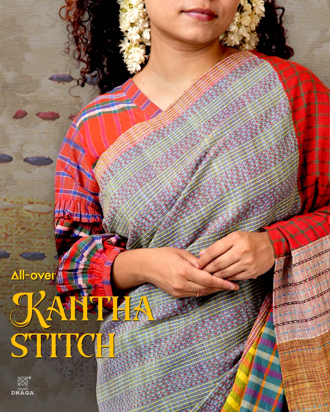 Hand-Embroidered Fish-Fishy Handloom Gamcha Patchwork Kantha Stitch Saree |  Includes Blouse Piece GS135