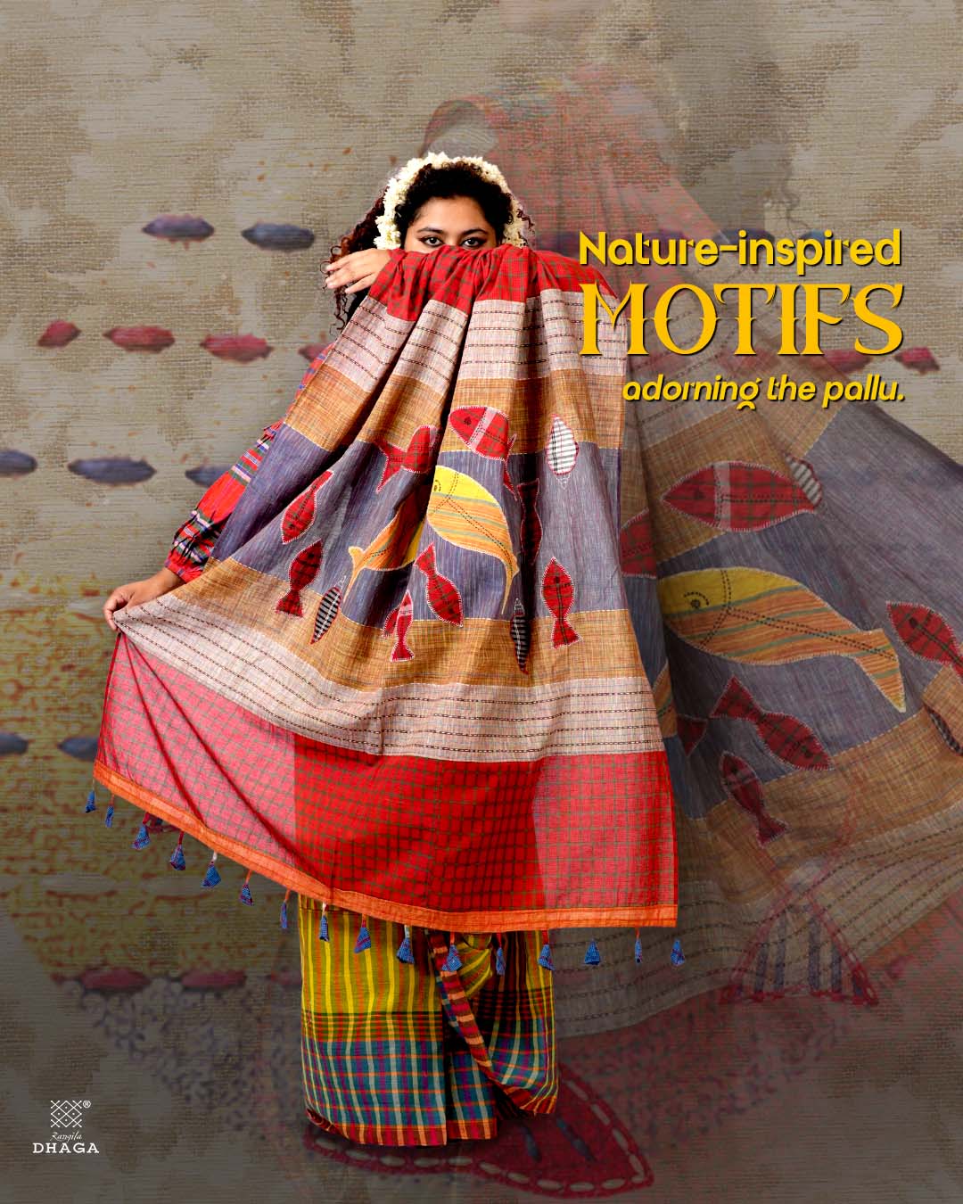 Hand-Embroidered Fish-Fishy Handloom Gamcha Patchwork Kantha Stitch Saree |  Includes Blouse Piece GS135
