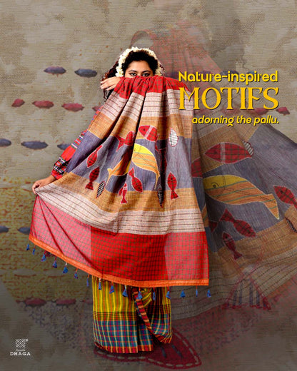 Hand-Embroidered Fish-Fishy Handloom Gamcha Patchwork Kantha Stitch Saree |  Includes Blouse Piece GS135