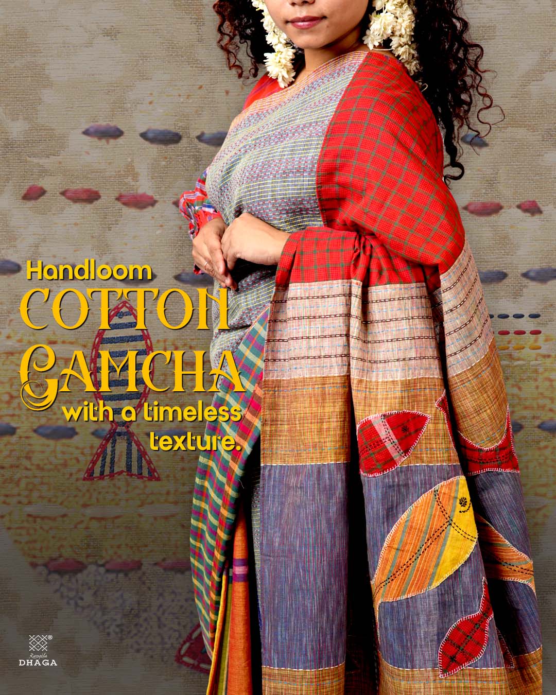 Hand-Embroidered Fish-Fishy Handloom Gamcha Patchwork Kantha Stitch Saree |  Includes Blouse Piece GS135
