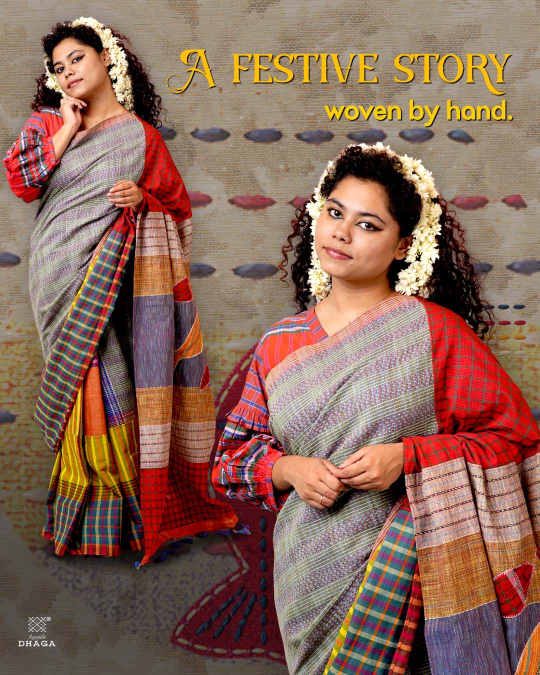 Hand-Embroidered Fish-Fishy Handloom Gamcha Patchwork Kantha Stitch Saree |  Includes Blouse Piece GS135