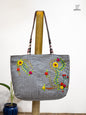 Hand-Embroidered Black & White Gamcha Tote Bag – Floral Harmony     Bag22
