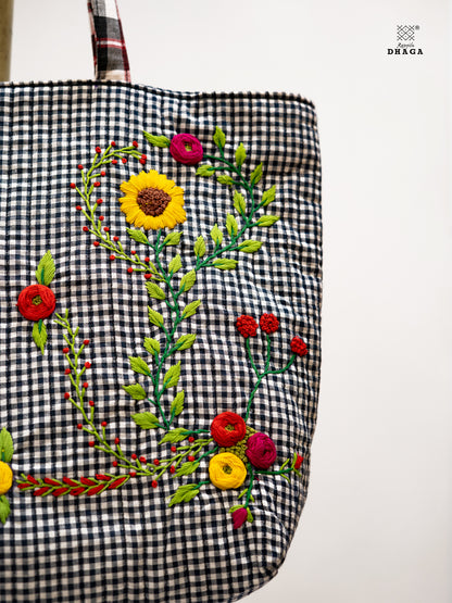 Hand-Embroidered Black & White Gamcha Tote Bag – Floral Harmony     Bag22