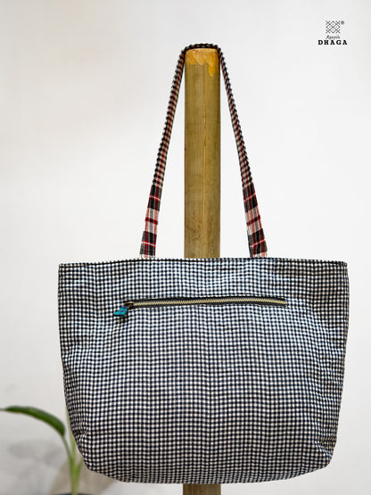Hand-Embroidered Black & White Gamcha Tote Bag – Floral Harmony     Bag22